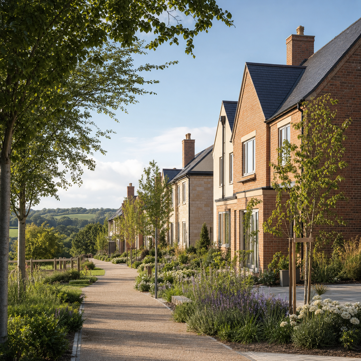 Residential homes set within landscaped green space
